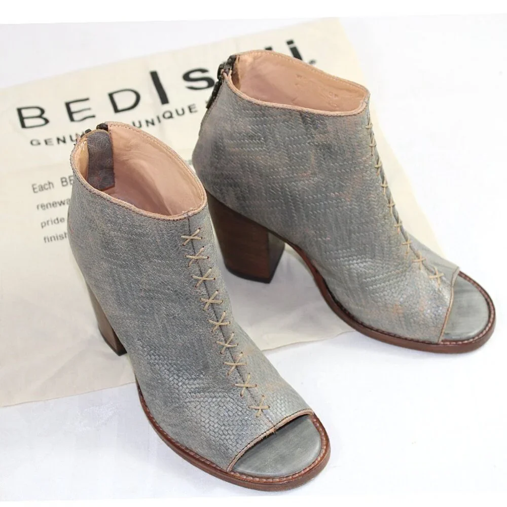 Bed Stu Onset Gray Washed Peep Toe Stacked Heel Bootie, 6.5
